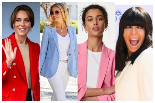 Catherine, Princess of Wales and Claudia Winkleman are both fans of blazers, (blue blazer, Sosander, pink blazer, M&S).
