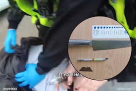 Watch the moment police officers armed with tasers tackle a man with a knife and two blades.