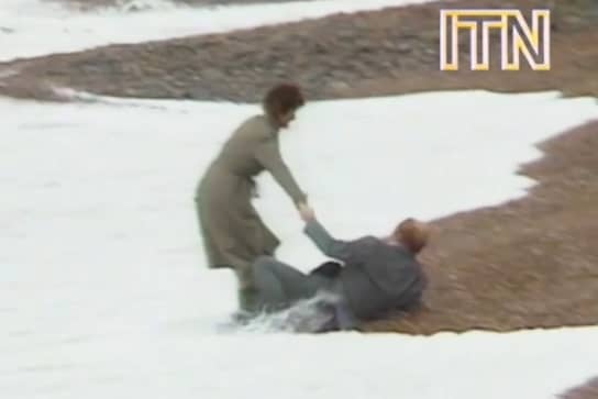 Neil Kinnock falls over on Brighton seafront in 1983.