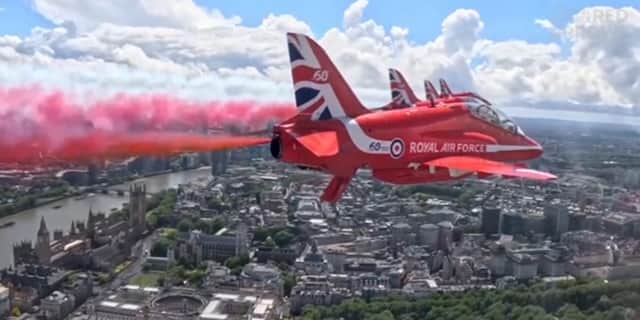 Red Arrows’ pilot’s view of RAF flypast at Trooping the Colour.