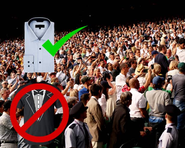 A smart button-up shirt for Wimbledon? Great. A stained "tuxedo" t-shirt though might not be up to Wimbledon's dress code - among some other "unwritten" rules on etiquette at SW19 (Credit: Canva/Getty)