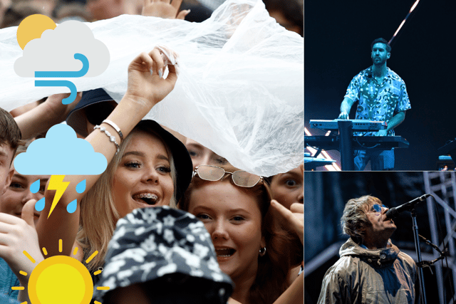 Will it be a case of hiding under plastic items at Glasgow Green this weekend for TRNSMT 2024, or will the likes of Calvin Harris and Liam Gallagher (right - top to bottom) bring some drier weather with them? (Credit: Getty Images/Canva)