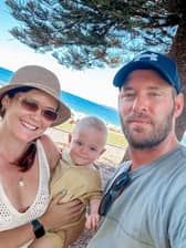 Colleen Deere, 35, and fiancé Tom McParland, 39, with their one-year-old son, Cove.