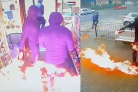 Arsonists set themselves alight trying to torch shop.