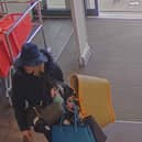 Footage of Tanya Liddle using a hat as disguise in one of her shoplifting ploys