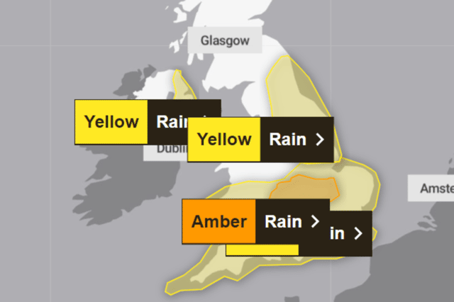 Weather warnings are in place, including a new amber rain warning in the Midlands.