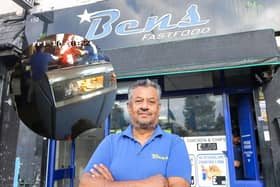 Chippy owner Zafar Iqbal. Bens Fish Bar on Warwick Road, Birmingham, October 22, 2024, where CCTV captured a man attempting to rob the place
