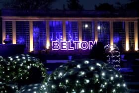 A huge lit Belton sign outside The Orangery welcomes visitors to Christmas At Belton 2024