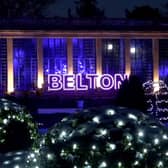 A huge lit Belton sign outside The Orangery welcomes visitors to Christmas At Belton 2024