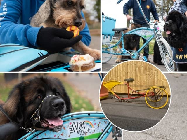 The Woof Truck - 'rusty old bike' (inset) and what it looks like now.