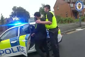 This is the dramatic moment two student police officers chased down a rapist in the street after he attacked a woman in a park. 