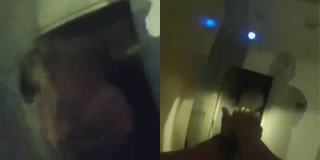 Man swings circular saw at police.