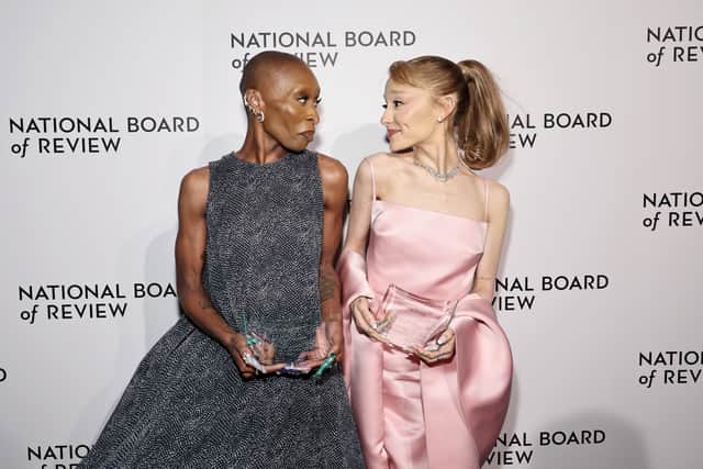 Cynthia Erivo and Ariana Grande pose with the NBR Spotlight Award for "Wicked" during The National Board of Review Annual Awards Gala
