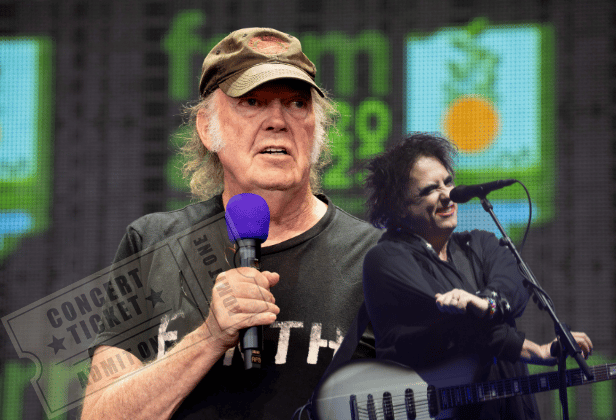 Neil Young has revealed there will be no platinum ticket sales for his upcoming tour, drawing inspiration from The Cure's Robert Smith (right)