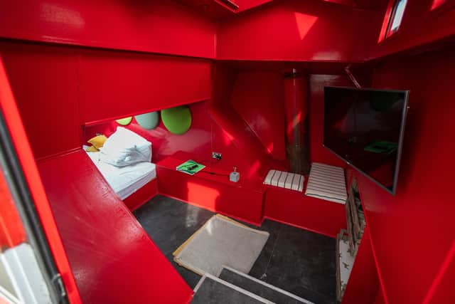 Inside a combine harvester which William has transformed into a holiday let.