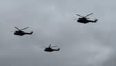 Puma helicopters fly over RAF Cosford.