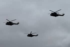 Puma helicopters fly over RAF Cosford.
