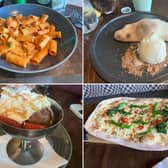Prezzo's Easter menu, which includes, clockwise from top left: pasta alla vodka; Creme Egg calzone, Tuscan sausage and broccoli pizza; a children's sundae