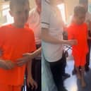 Jacob, 10, takes first steps after emergency brain surgery following road traffic accident.