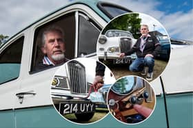 Dennis Jackson from Preston in his 1958 Wolesley classic car. Inset: Demonstrating how he uses a 'crank handle' to start the engine, and places a clothes peg on the choke button. All photos credit Lucinda Herbert