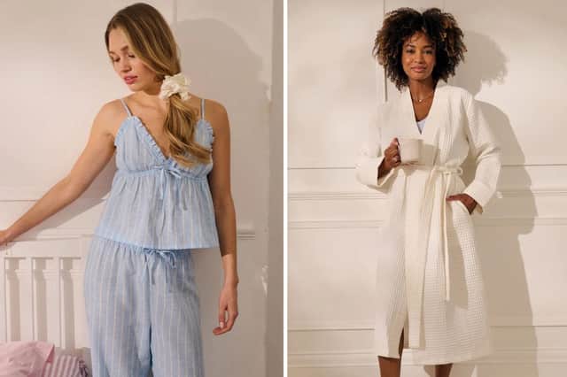 The Linen Blend Stripe Cami Pyjama Set in Blue Mix & Waffle Cotton Long Robe in White