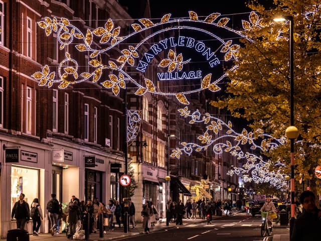 Marylebone High Street looked like a winter wonderland at night time