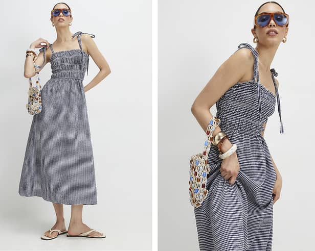 River Island's navy gingham midi dress offers a high street take on Kate Middleton's latest royal outfit