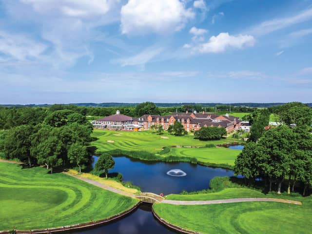 A bird’s-eye view of Formby Hall Golf Resort & Spa reveals its impressive setting, surrounded by sweeping fairways and beautifully landscaped grounds.