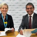 Professor Karen Dunderdale, Chief Executive of Lincolnshire Community and Hospitals NHS Group and Dr Kaval J Patel, Chief Executive, Lincolnshire PCN Alliance, signing the new Collaborative Agreement.
