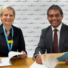 Professor Karen Dunderdale, Chief Executive of Lincolnshire Community and Hospitals NHS Group and Dr Kaval J Patel, Chief Executive, Lincolnshire PCN Alliance, signing the new Collaborative Agreement.