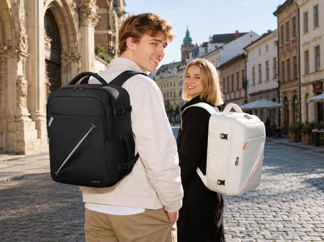 This black expandable cabin backpack has 24-30L of storage, a padded laptop compartment and a suitcase-style opening.