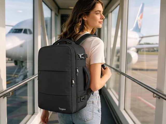 The Taygeer 40 x 30 x 20cm cabin backpack includes a separate shoe pouch, wet pocket and multiple storage compartments.