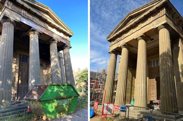 The exterior of the building before and after conservation work to the stonework.