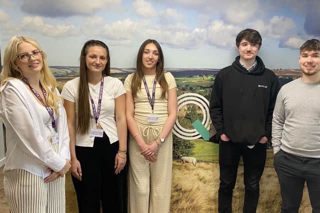 From left, Emily Hewitt, assistant project accountant apprentice, Millie Barrett, digital marketing apprentice, Laila Spoose, learning and development apprentice, Alex Gridgeman, IT apprentice, and Charlie Adams, salesforce support apprentice.