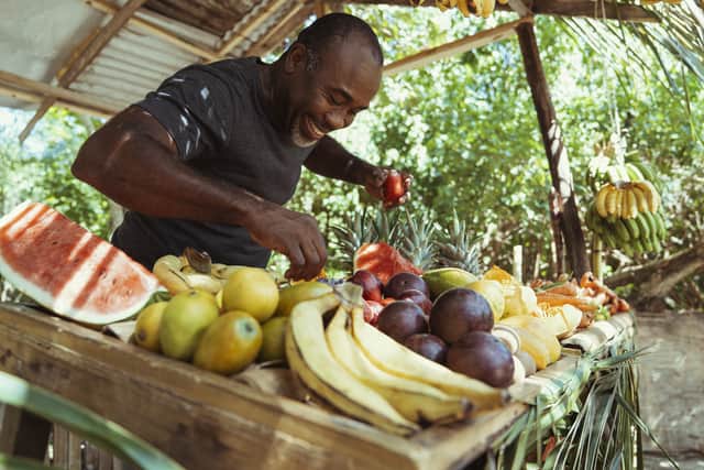 Sample delicious fruit at a roadside stand in Jamaica