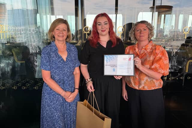 Jaime Hind (centre) with Turning Point CEO Julie Bass (left) and chief operating officer Clare Taylor (right)