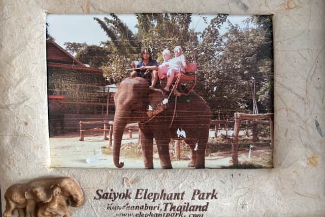 Iris and her husband at Soiyok Elephant Park in 1959