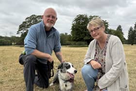 Pete (left) and his wife Jo (right) and their dog Buddy are being filmed for a new dog tourism campaign in Lincolnshire
