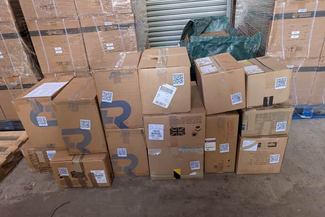 Boxed goods now barcoded ready for dispatch in the next vehicle convoy to Ukraine