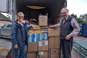 Rtn. Bill Emms and wife Phillipa deliver goods to Cambridge for onward travel to Ukraine