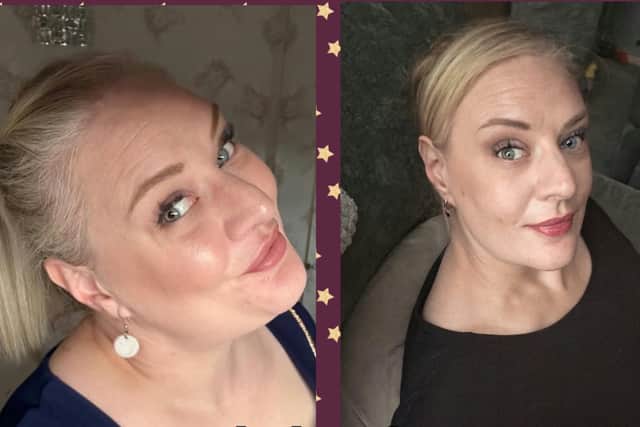 Lara’s comparison photo, 6 stone 8lbs down