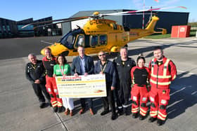 Photo caption (L-R): Pilot Steve George (co-pilot), Erica Key (senior HEMS paramedic), Helen Topp (chair of Macmillan Cancer Support fund raising committee), Mark Bradshaw (Partner, Streets), Zul Smart (Corporate and philanthropy partnership manager LNAA)