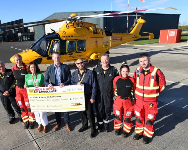 Photo caption (L-R): Pilot Steve George (co-pilot), Erica Key (senior HEMS paramedic), Helen Topp (chair of Macmillan Cancer Support fund raising committee), Mark Bradshaw (Partner, Streets), Zul Smart (Corporate and philanthropy partnership manager LNAA)