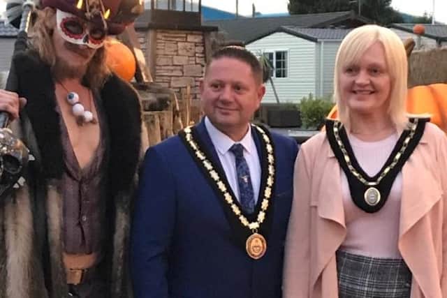 Mayor of Skegness Coun Mark Dannatt with Mayoress Louise Saxon and one of the characters at Fear Island