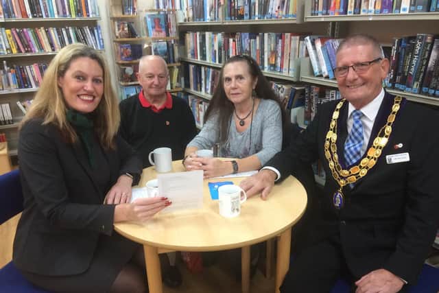 Spilsby banking drop-in event (from left) Lloyds Bank Manager Catherine Muxlow, John Crowhurst and June Fitz Gibbon with Spilsby Mayor Coun Terry Taylo.