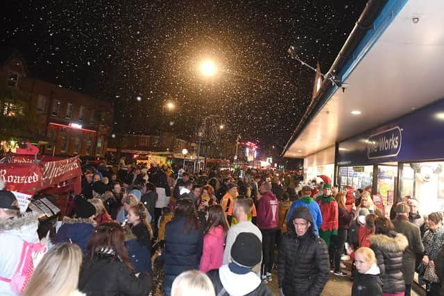 Crowds enjoy the snow at Skegness Christmas lights switch-on..