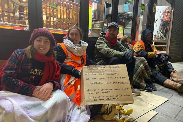 Skegness Clean Start members camped outside the Trawler's Catch on Grand Parade.