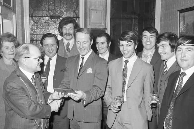 Boston United footballers and officials were given a civic reception by the towns mayor in 1972 for their efforts in the FA Cup. Their cup run was ended with a 1-0 defeat by Second Division Portsmouth. Pictured (from left) The Mayoress, the Mayor, chairman of Boston United directors Sid Burgess, players Malcom White, Jim Smith, Cliff Wright, John Lakin, Billy Howells, Bobby Svarc, and administrative assistant John Blackwell.