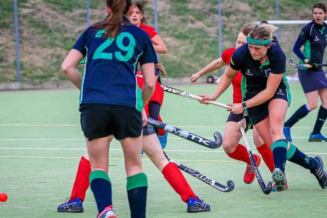 Louth Hockey Club ladies battle for ascendancy against City of York. Picture: David Dales EMN-200224-104136002
