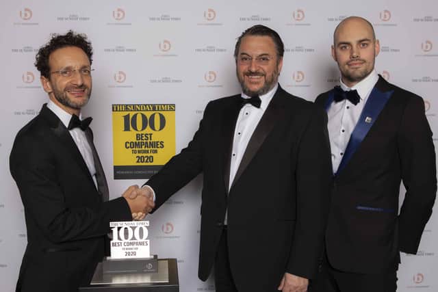 Pictured (from left) are Nick Rodrigues, from The Sunday Times, with The Coaching Inn Group's Kevin Charity and Lee Melton.